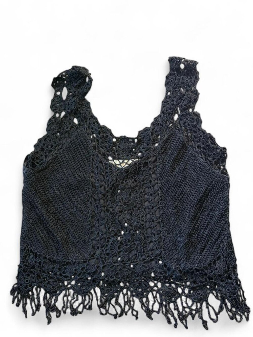 Black handmade crochet tank top with fringe detail,     size Small   Vintage y2k